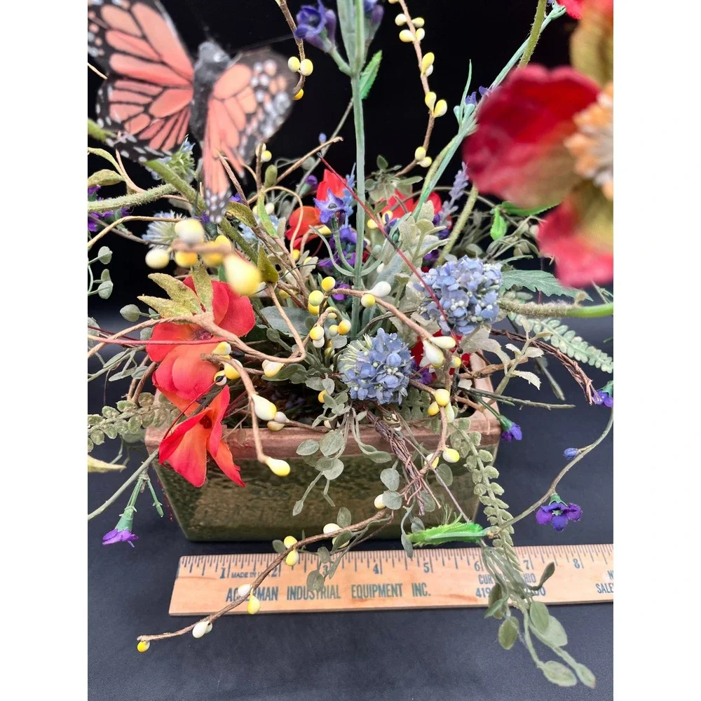 Flower Arrangement Greenery Poppies Lavender Butterfly Rustic Green‎ Ceramic Pot